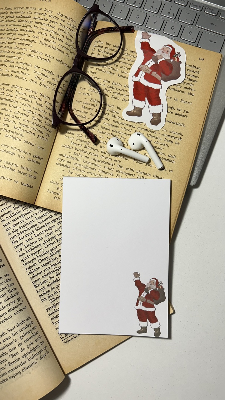 Noel baba temalı notepad /Çek kopar not defteri, A6 boyutu, 40 sf., Tutkalla birleştirilmiştir.