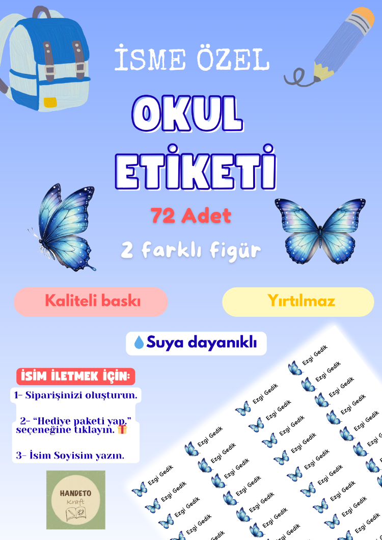 72 Adet Mavi Kelebek Kişiye Özel Okul Etiketi İsim Yazılabilen Etiket Kalem Defter Etiket