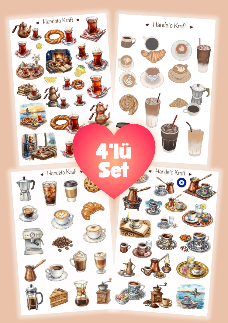 4'lü Çay ve Kahve Sticker Seti, Türk Kahvesi Sticker, Journal Sticker