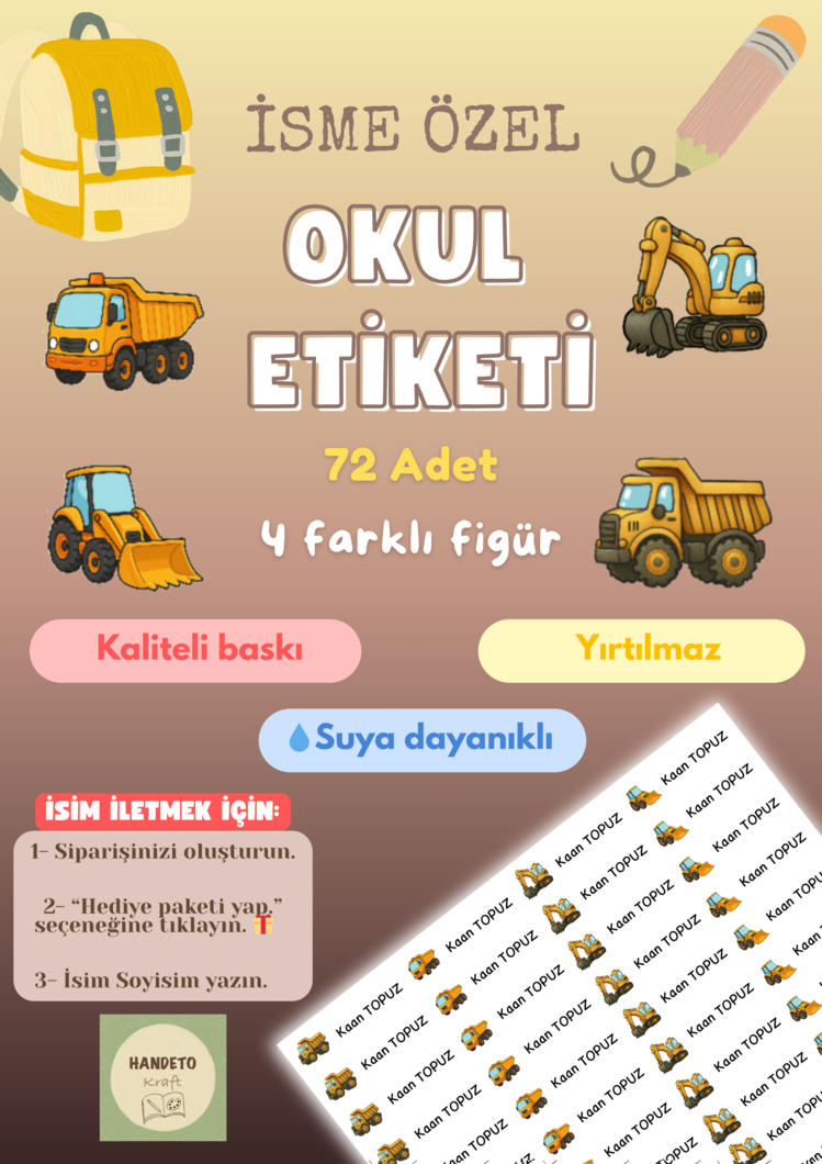 72 Adet İnşaat Temalı Kişiye Özel Okul Etiketi İsim Yazılabilen Etiket Kalem Defter Etiket