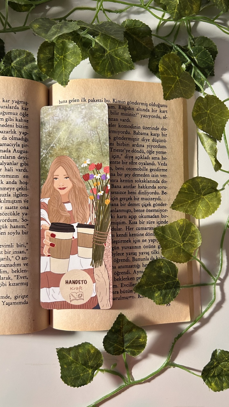Kahve ve çiçek temalı kitap ayracı