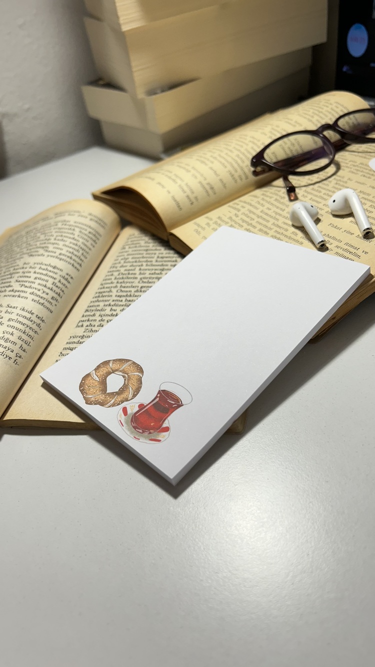 Simit ve çay temalı notepad /Çek kopar not defteri, A6 boyutu, 40 sf., Tutkallı bloknot