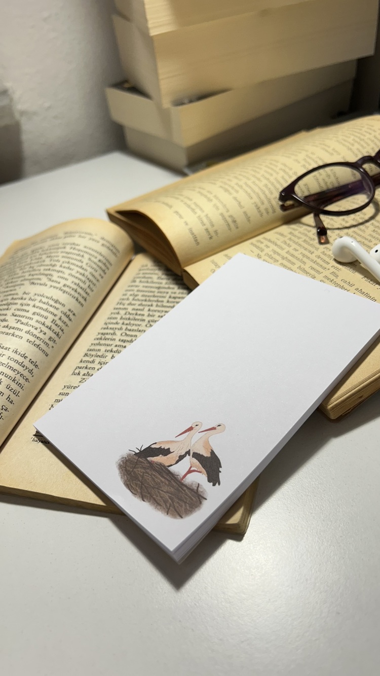 Leylek temalı notepad /Çek kopar not defteri, A6 boyutu, 40 sf., Tutkalla birleştirilmiştir.