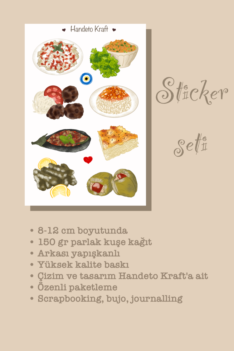 Türk yemekleri temalı Sticker Seti, 8x12 cm, çıkartma, bullet journal, scrapbook, kolaj, etiket