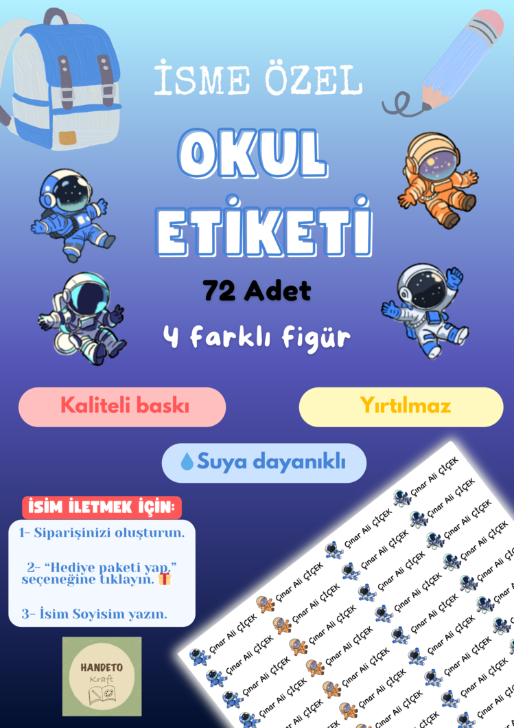 72 Adet Astronot Temalı Kişiye Özel Okul Etiketi İsim Yazılabilen Etiket Kalem Defter Etiket