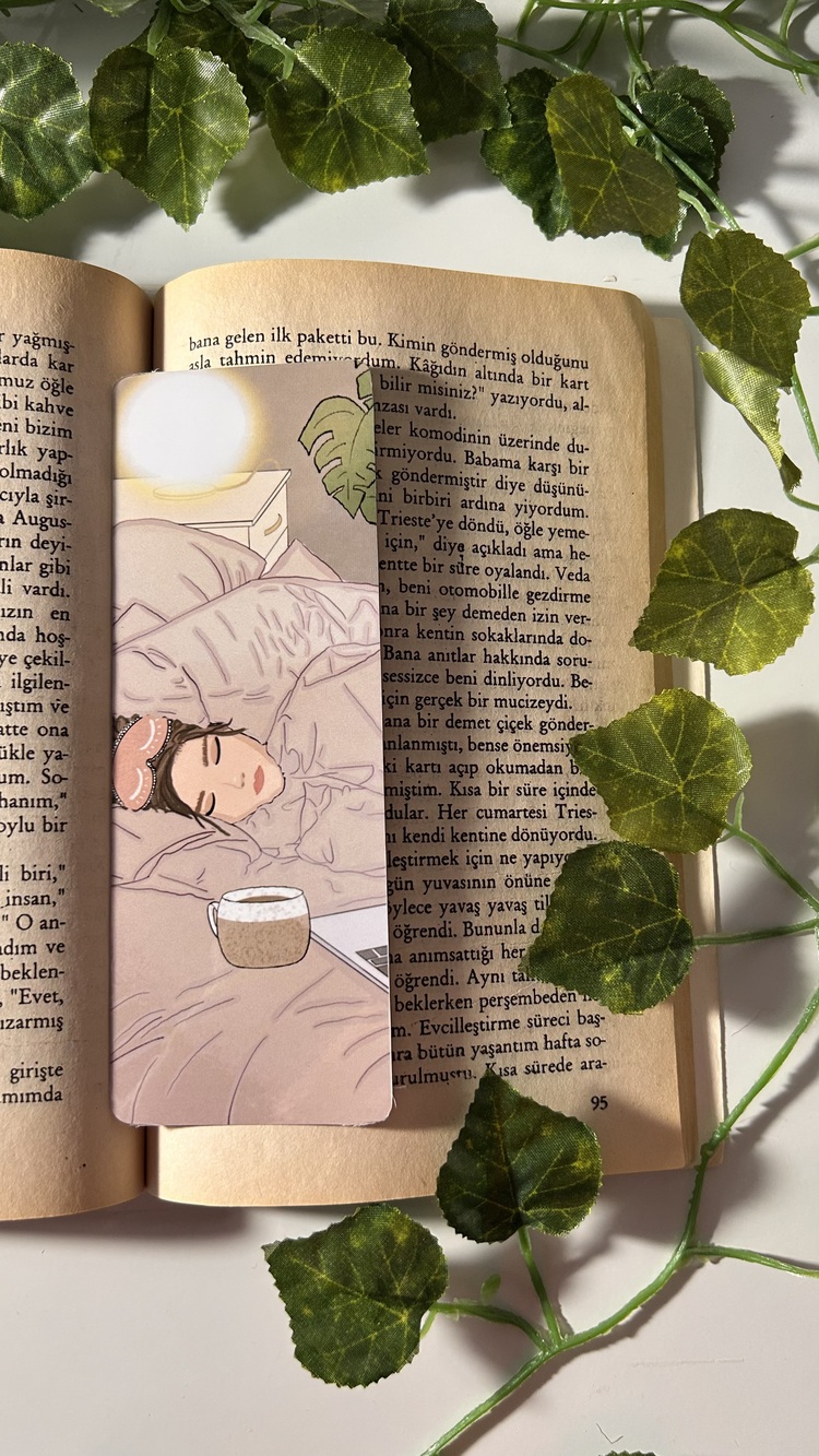 Uyku kahve laptop temalı kitap ayracı
