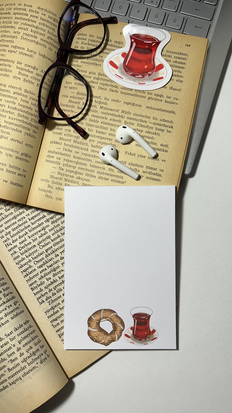 Simit ve çay temalı notepad /Çek kopar not defteri, A6 boyutu, 40 sf., Tutkallı bloknot