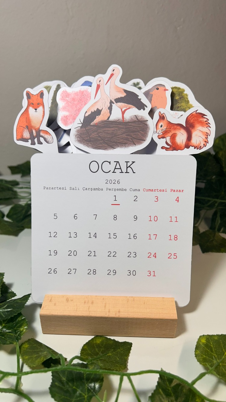 Orman Temalı Ahşap Ayaklı Özel Tasarım Takvim 2026 Takvim Masa Takvimi Yılbaşı