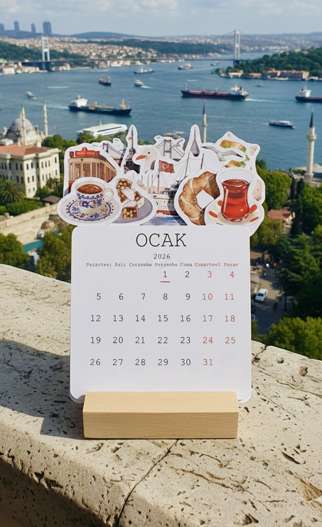 İstanbul Temalı Ahşap Ayaklı Özel Tasarım Takvim 2026 Takvim Masa Takvimi Yılbaşı