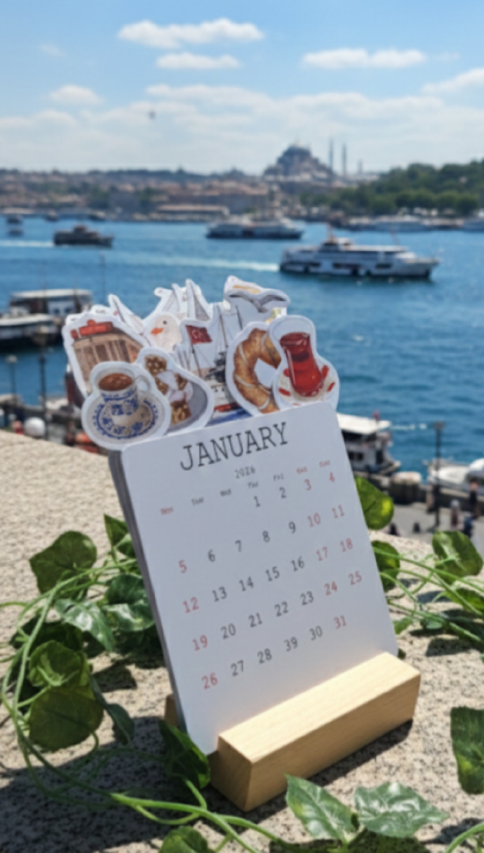 İstanbul Temalı İngilizce Ahşap Ayaklı Özel Tasarım Takvim 2026 Takvim Masa Takvimi