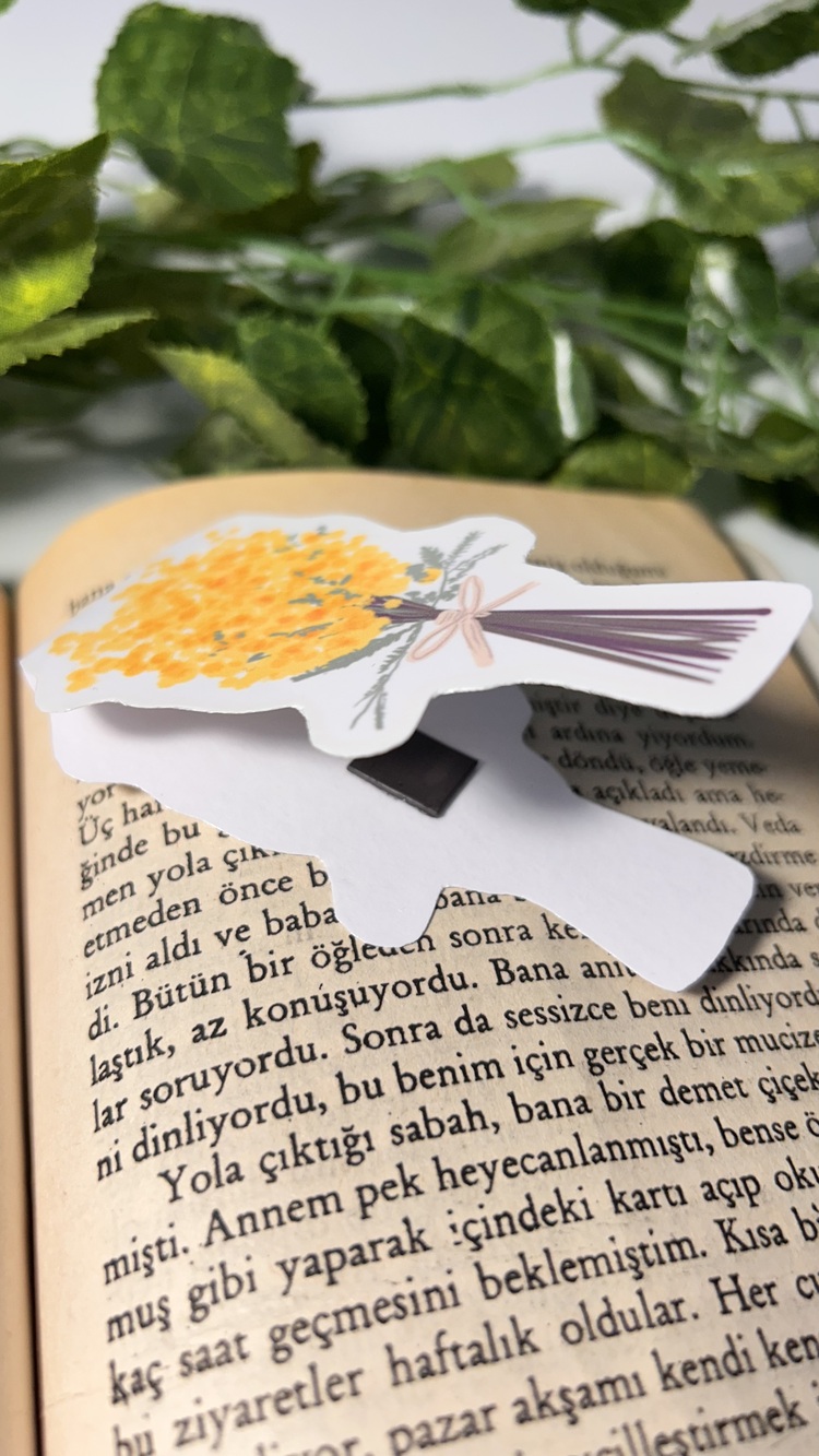 Mimoza temalı mıknatıslı kitap ayracı