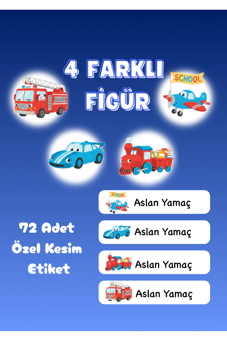 72 Adet Araba Temalı Kişiye Özel Okul Etiketi İsim Yazılabilen Etiket Kalem Defter Etiket