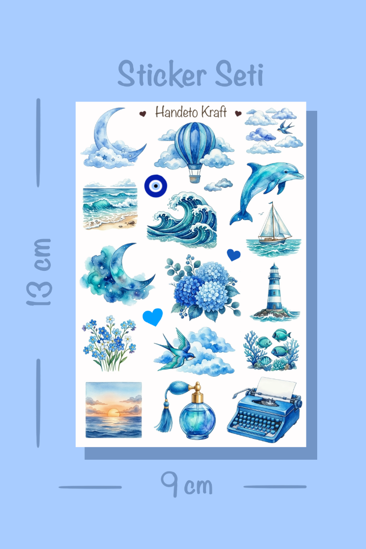4'lü Blue Aesthetic Sticker Seti, Planner Etiket, Çıkartma, Çoklu Sticker, Journal Sticker