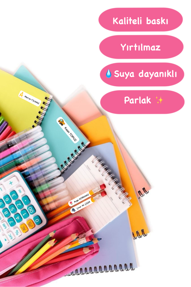 72 Adet Sarı Çiçek Temalı Kişiye Özel Okul Etiketi İsim Yazılabilen Etiket Kalem Defter