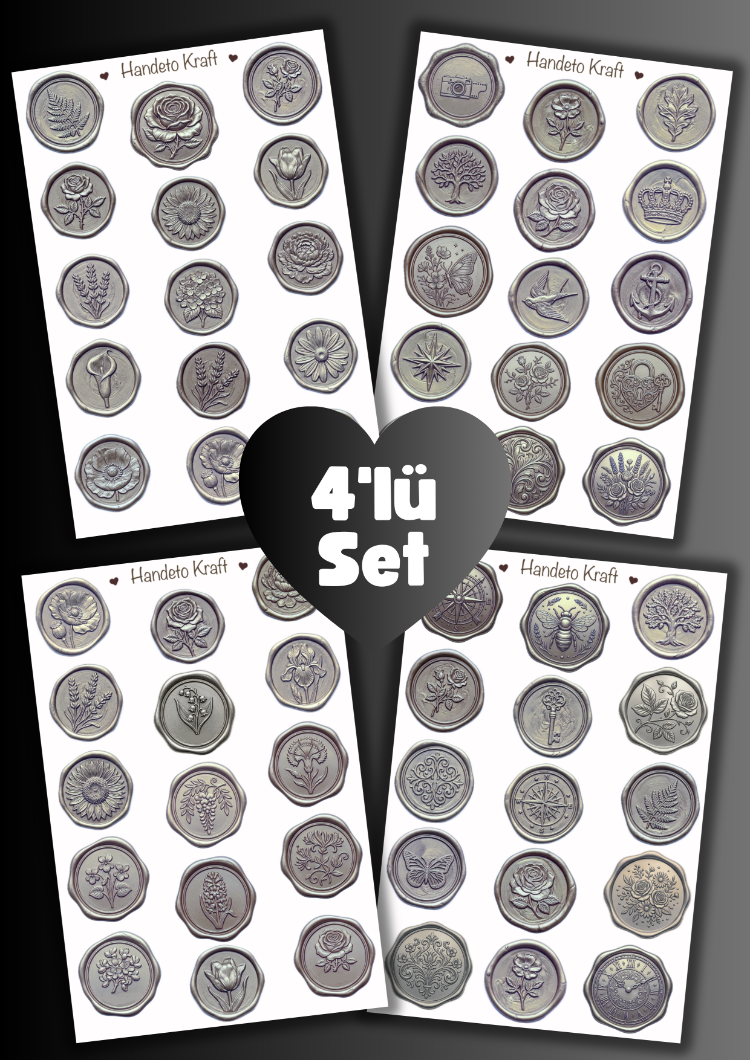 4'lü Mum Mühür Görünümlü Gümüş Desen Sticker Bullet Journal Scrapbook Paketleme Davetiye