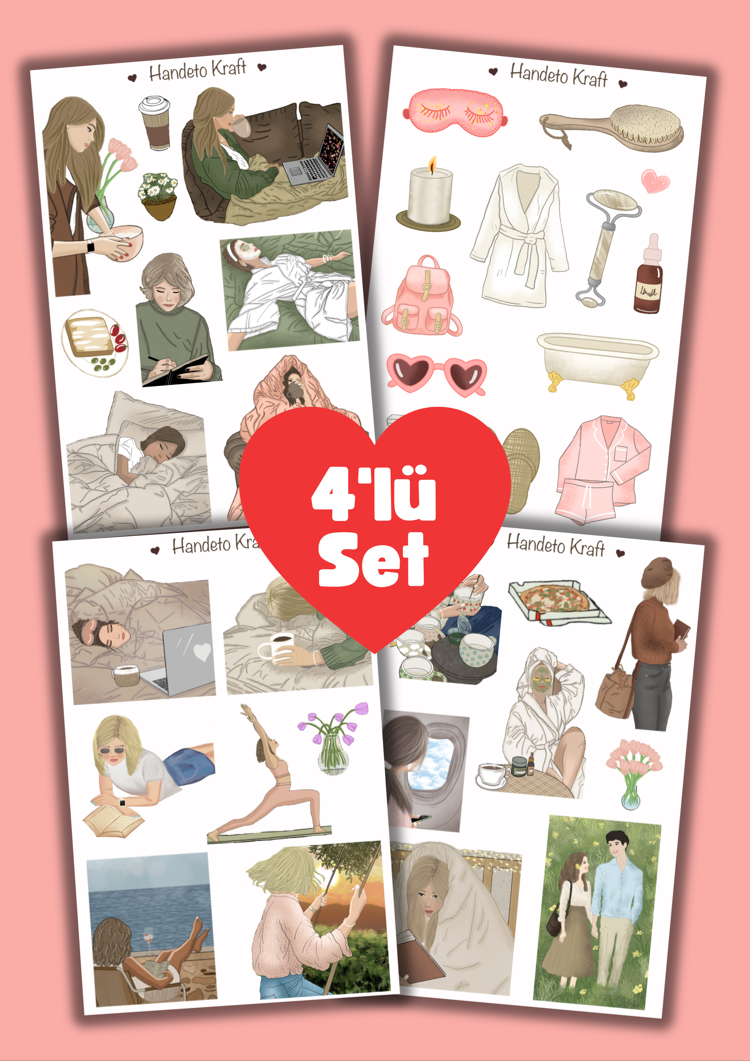 Bakım Sticker Çoklu Sticker Seti, 4lü sticker, 8x12 cm, çıkartma, kolaj, etiket