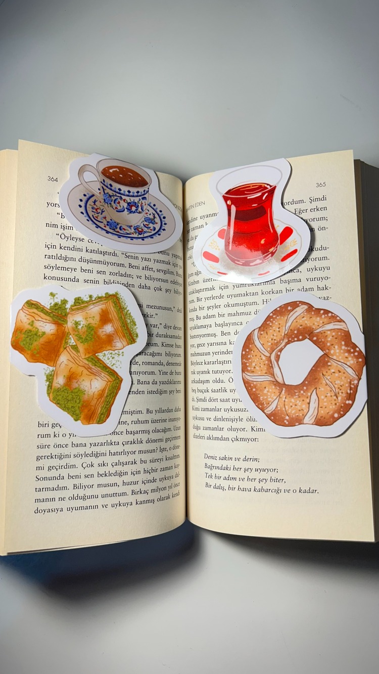 Simit çay temalı 4'lü çoklu mıknatıslı kitap ayracı seti