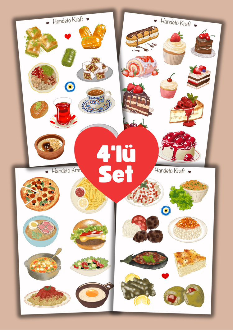 Yemek ve tatlı Çoklu Sticker Seti, 4lü sticker, 8x12 cm, çıkartma, kolaj, etiket