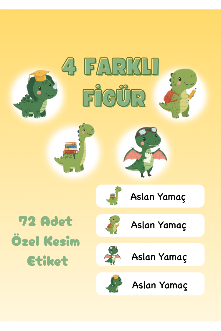 72 Adet Dinozor Temalı Kişiye Özel Okul Etiketi İsim Yazılabilen Etiket Kalem Defter Etiket