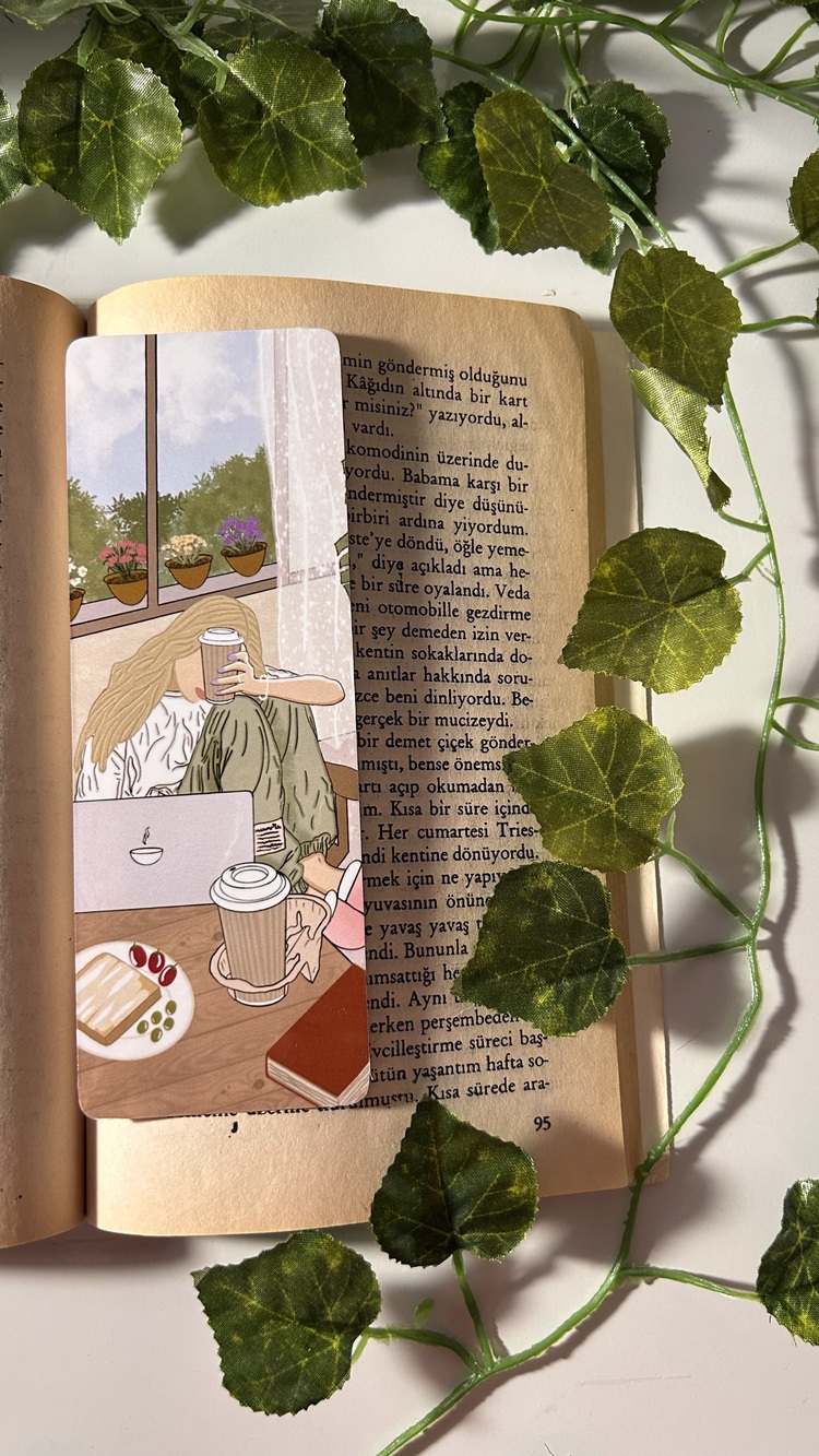 Kahve ve iş temalı kitap ayracı