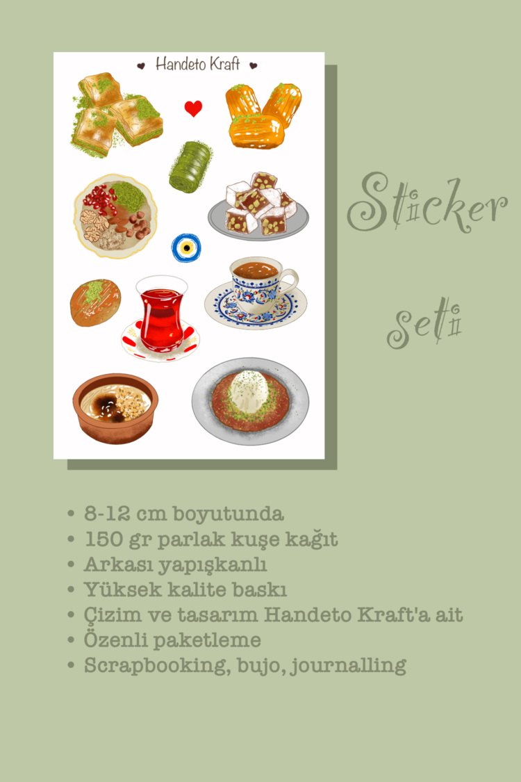Türk tatlıları temalı Sticker Seti, 8x12 cm, çıkartma, bullet journal, scrapbook, kolaj