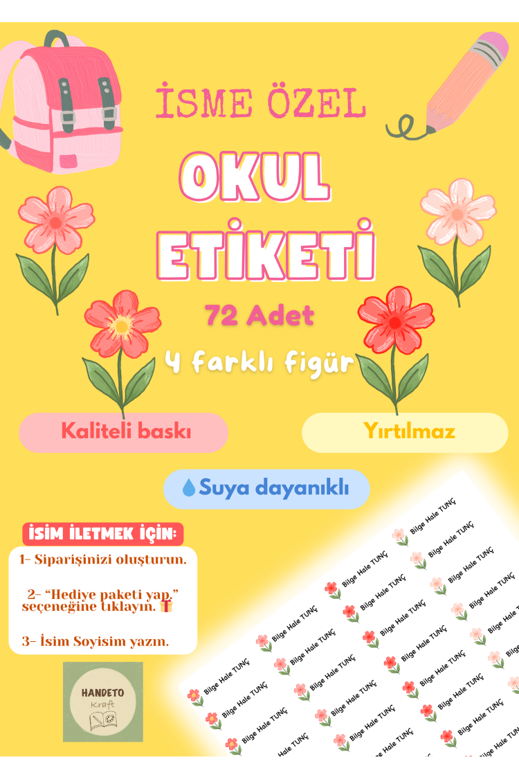 72 Adet Pembe Çiçek Temalı Kişiye Özel Okul Etiketi İsim Yazılabilen Etiket Kalem Defter