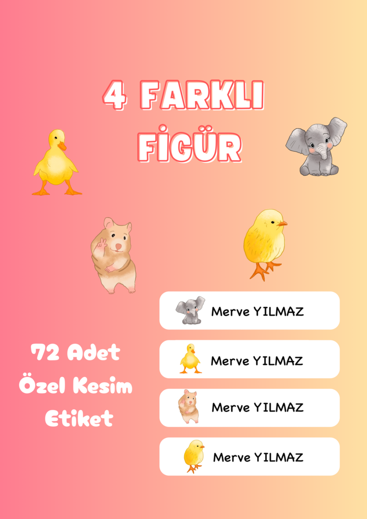 72 Adet Hayvan Temalı Kişiye Özel Okul Etiketi İsim Yazılabilen Etiket Kalem Defter Etiket