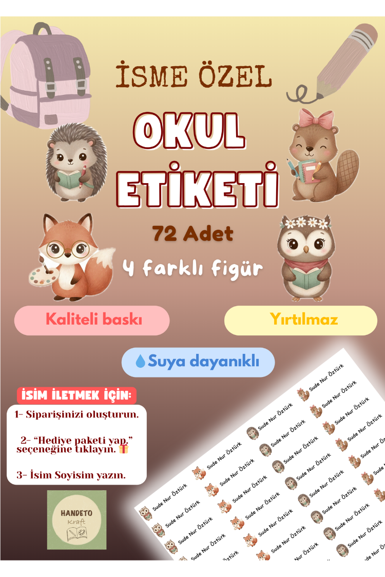 72 Adet Sevimli Hayvan Temalı Kişiye Özel Okul Etiketi İsim Yazılabilen Etiket Kalem Defter