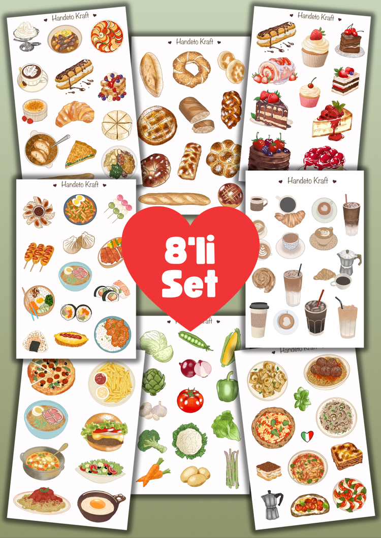 8li Dünya Yemekleri Sticker Seti, Planner Etiket, Çıkartma, Çoklu Sticker, Journal Sticker