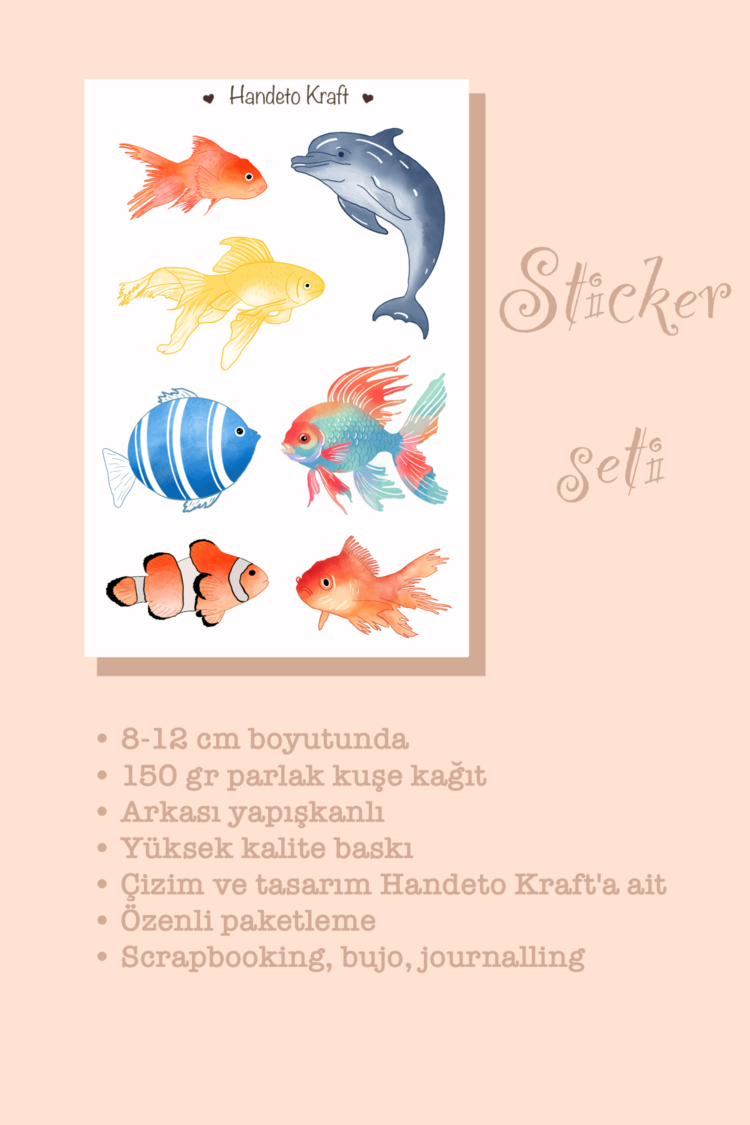 Balık temalı Sticker Seti, 8x12 cm, çıkartma, bullet journal, scrapbook, kolaj, etiket