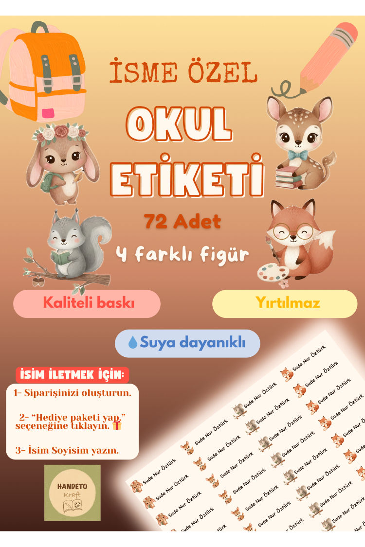 72 Adet Tatlı Hayvan Temalı Kişiye Özel Okul Etiketi İsim Yazılabilen Etiket Kalem Defter