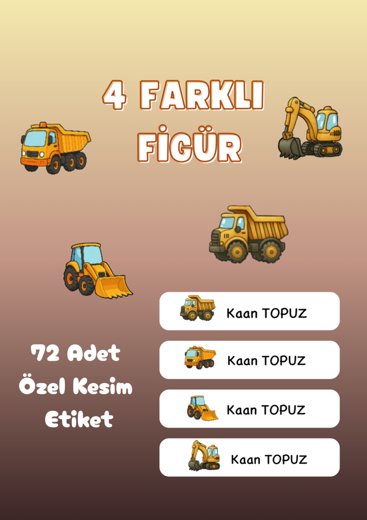 72 Adet İnşaat Temalı Kişiye Özel Okul Etiketi İsim Yazılabilen Etiket Kalem Defter Etiket