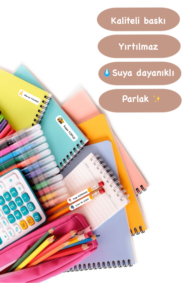 72 Adet Sevimli Hayvan Temalı Kişiye Özel Okul Etiketi İsim Yazılabilen Etiket Kalem Defter
