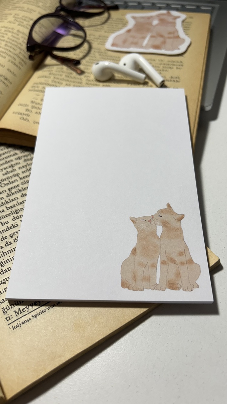 Kedi temalı notepad /Çek kopar not defteri, A6 boyutu, 40 sf., Tutkalla birleştirilmiştir.