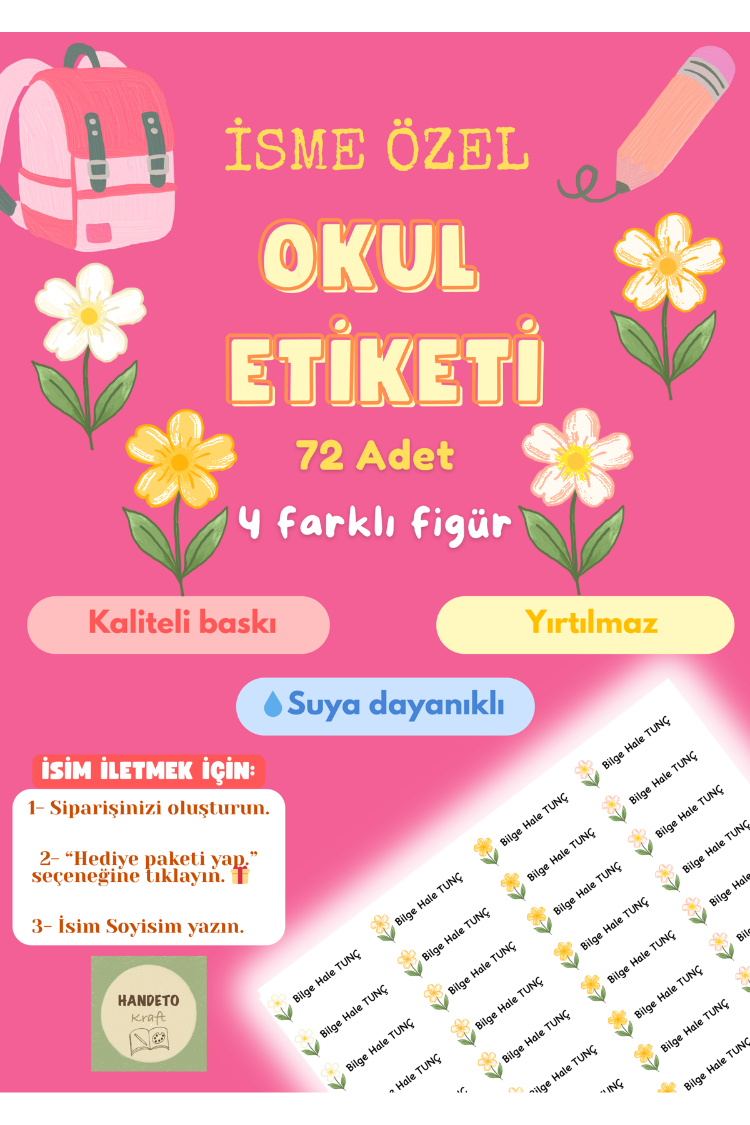72 Adet Sarı Çiçek Temalı Kişiye Özel Okul Etiketi İsim Yazılabilen Etiket Kalem Defter