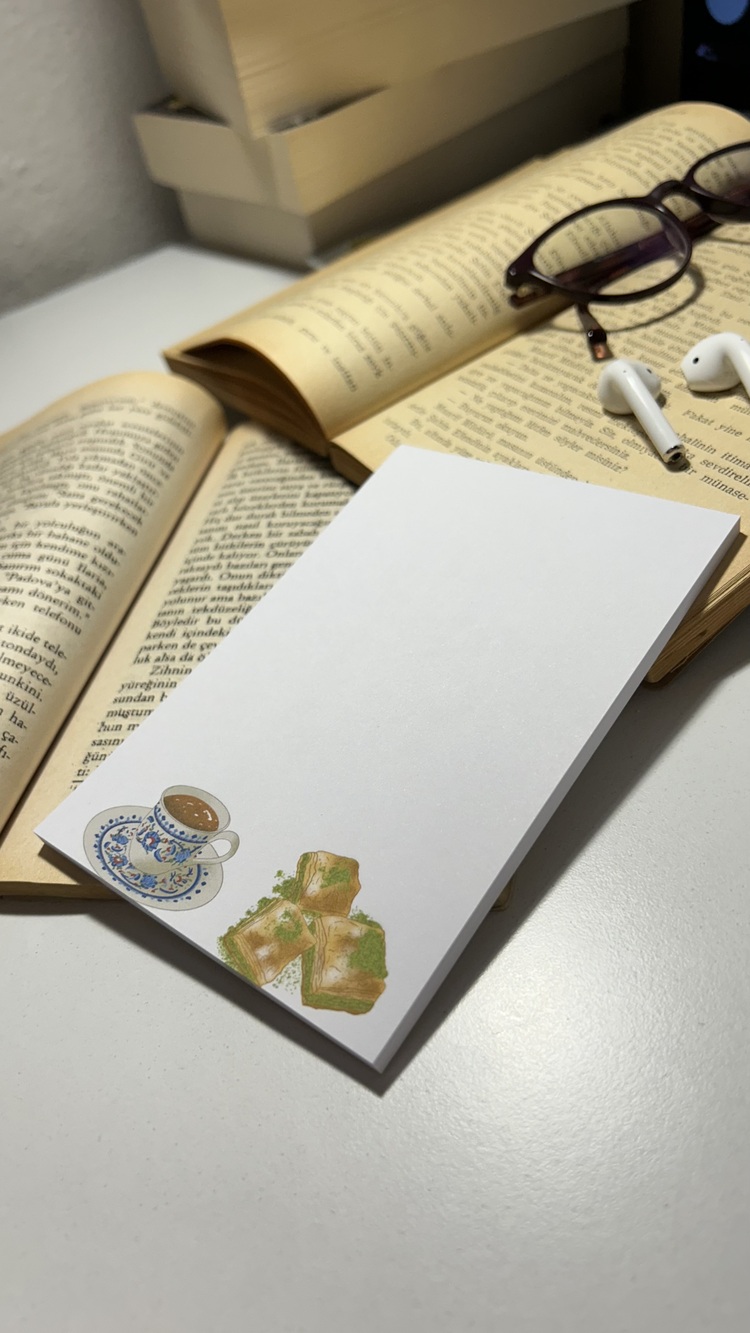 Baklava temalı notepad /Çek kopar not defteri, A6 boyutu, 40 sf., Tutkalla birleştirilmiştir.