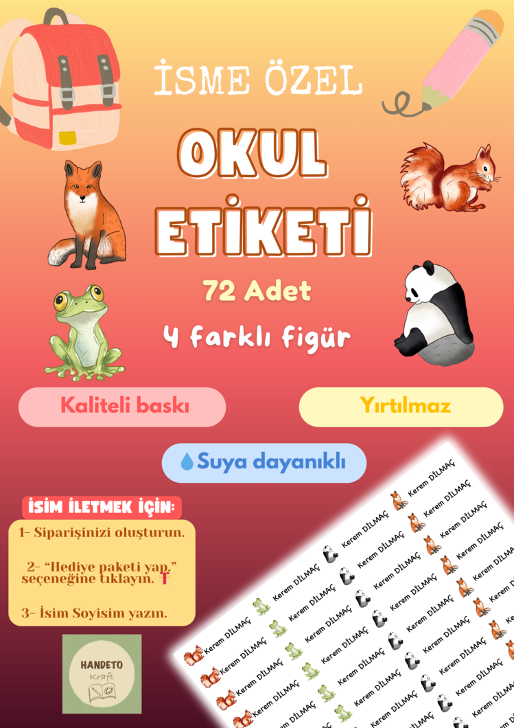 72 Adet Hayvan Temalı Kişiye Özel Okul Etiketi İsim Yazılabilen Etiket Kalem Defter Etiket 2