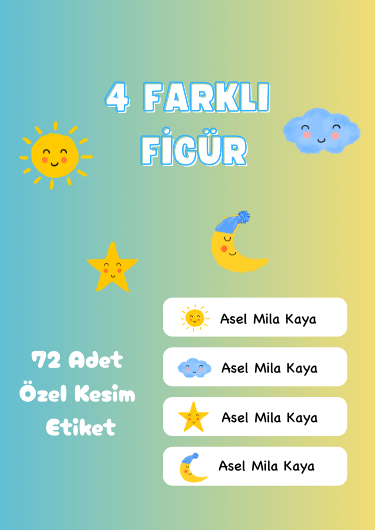 72 Adet Güneş Temalı Kişiye Özel Okul Etiketi İsim Yazılabilen Etiket Kalem Defter Etiket