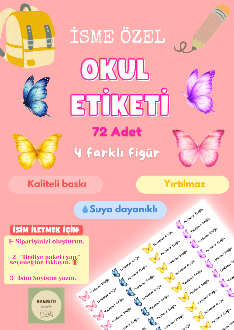 72 Adet Kelebek Temalı Kişiye Özel Okul Etiketi İsim Yazılabilen Etiket Kalem Defter Etiket