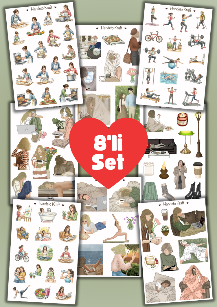 8'li Mod Temalı Sticker Seti, Planner Etiket, Çıkartma, Çoklu Sticker, Journal Sticker