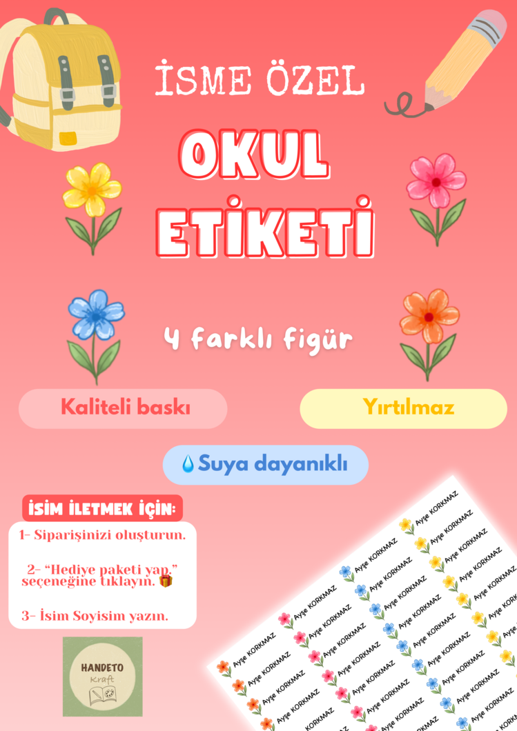 72 Adet Çiçek Temalı Kişiye Özel Okul Etiketi İsim Yazılabilen Etiket Kalem Defter Etiket