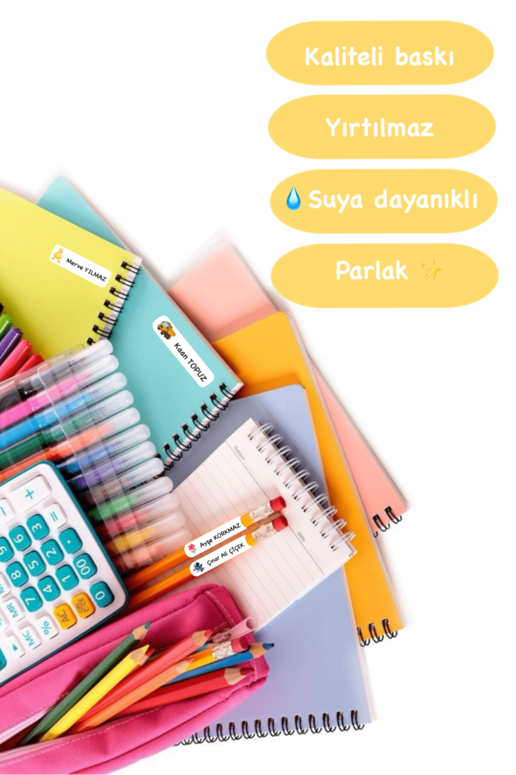 72 Adet Kalp Temalı Kişiye Özel Okul Etiketi İsim Yazılabilen Etiket Kalem Defter Etiket