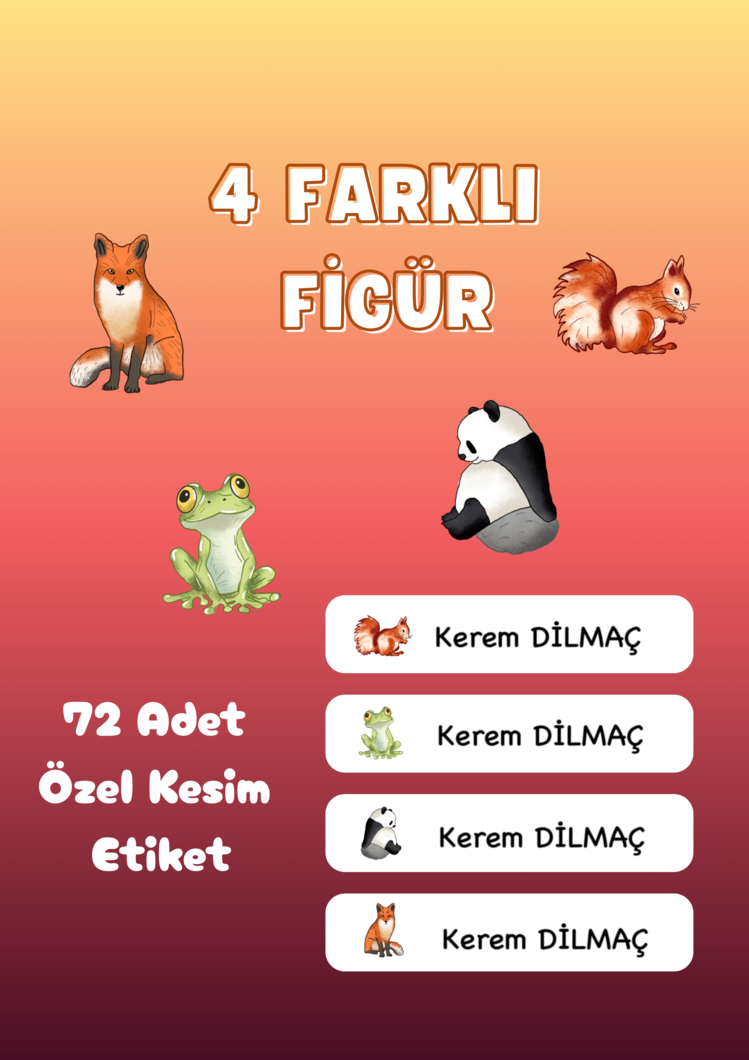 72 Adet Hayvan Temalı Kişiye Özel Okul Etiketi İsim Yazılabilen Etiket Kalem Defter Etiket 2