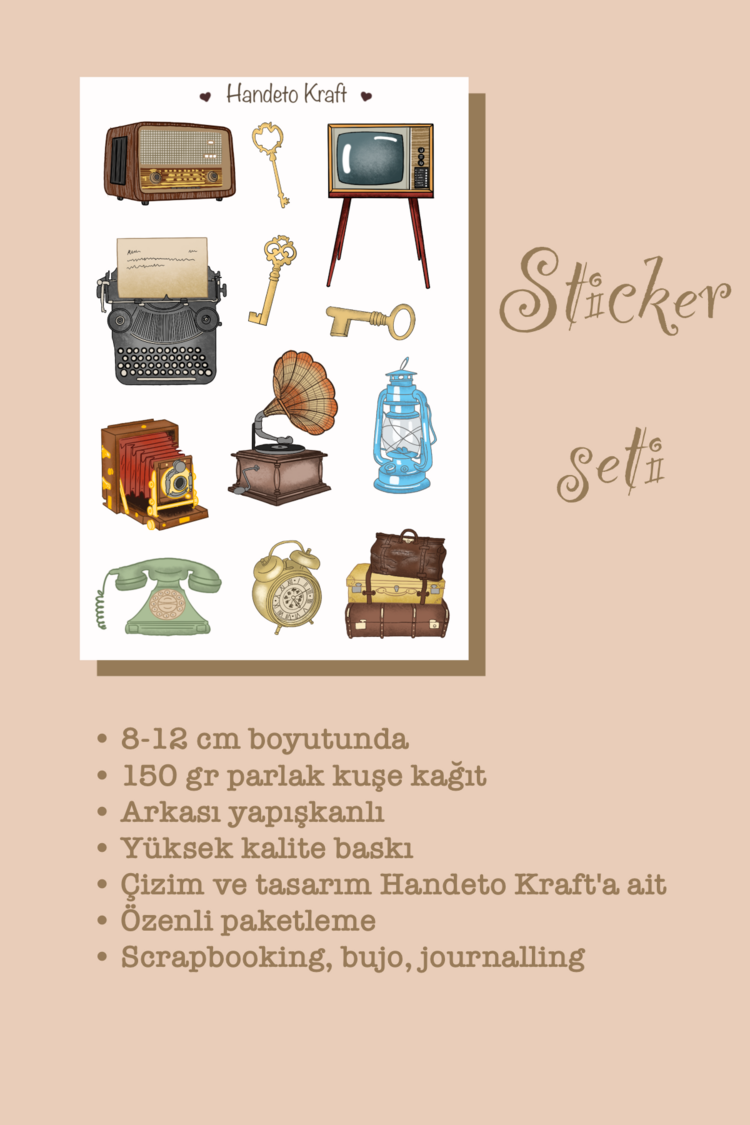 Vintage sticker seti, 8x12 cm, çıkartma, bullet journal, scrapbook, kolaj, etiket