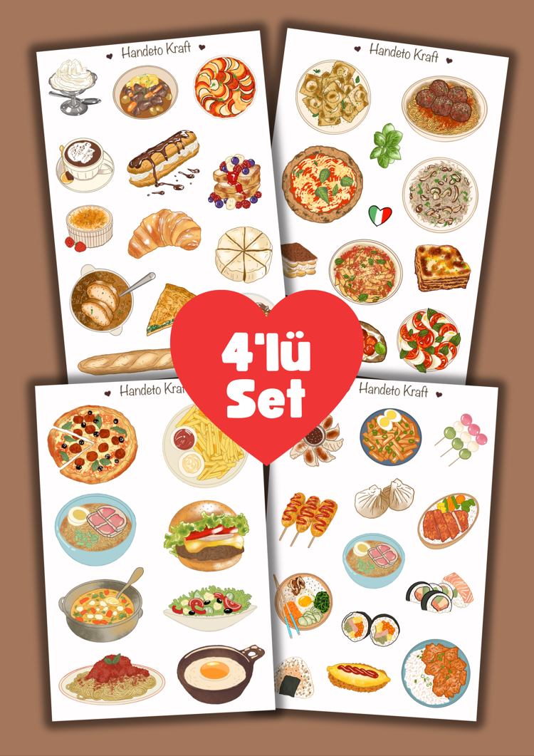 4'lü Dünya Yemekleri Sticker Seti, Planner Etiket, Çıkartma, Çoklu Sticker, Journal Sticker