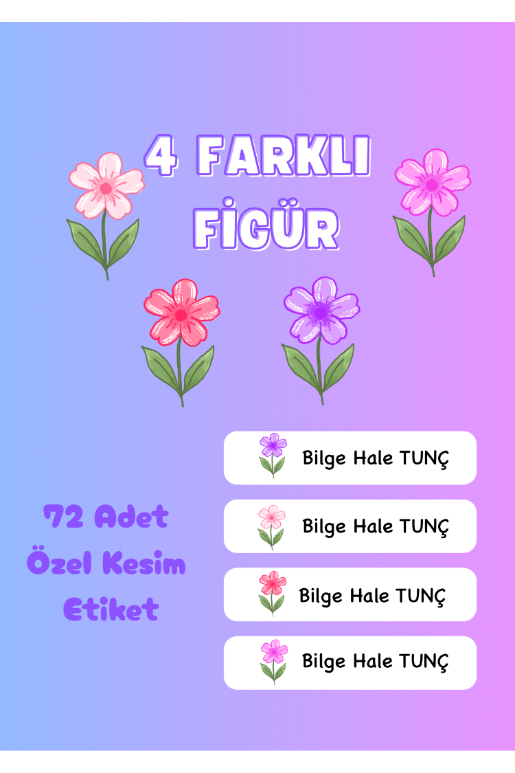 72 Adet Mor Çiçek Temalı Kişiye Özel Okul Etiketi İsim Yazılabilen Etiket Kalem Defter Etiket