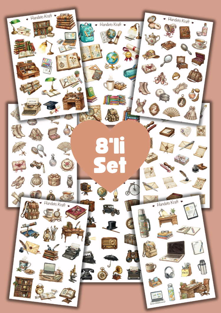 8'lü Vintage Sticker Seti, Planner Etiket, Çıkartma, Ajanda Sticker