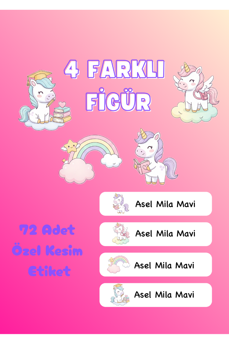 72 Adet Unicorn Temalı Kişiye Özel Okul Etiketi İsim Yazılabilen Etiket Kalem Defter Etiket