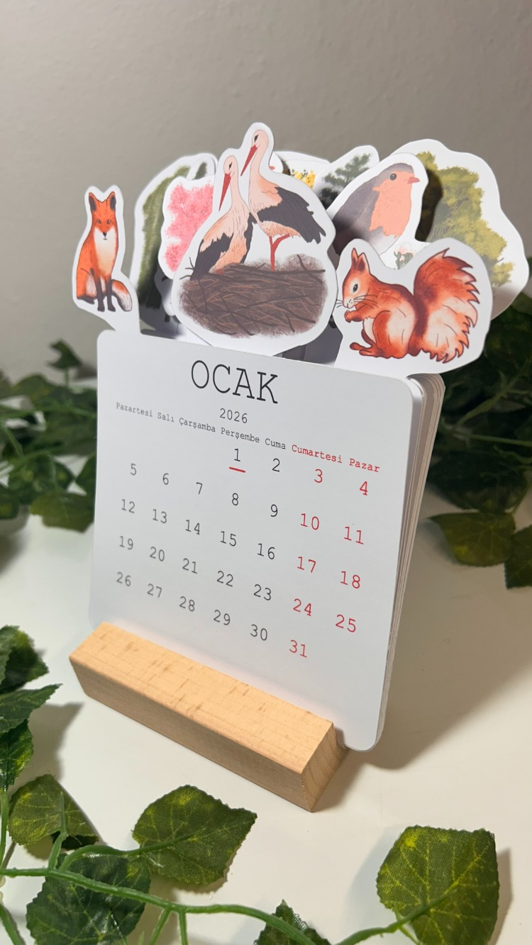 Orman Temalı Ahşap Ayaklı Özel Tasarım Takvim 2026 Takvim Masa Takvimi Yılbaşı