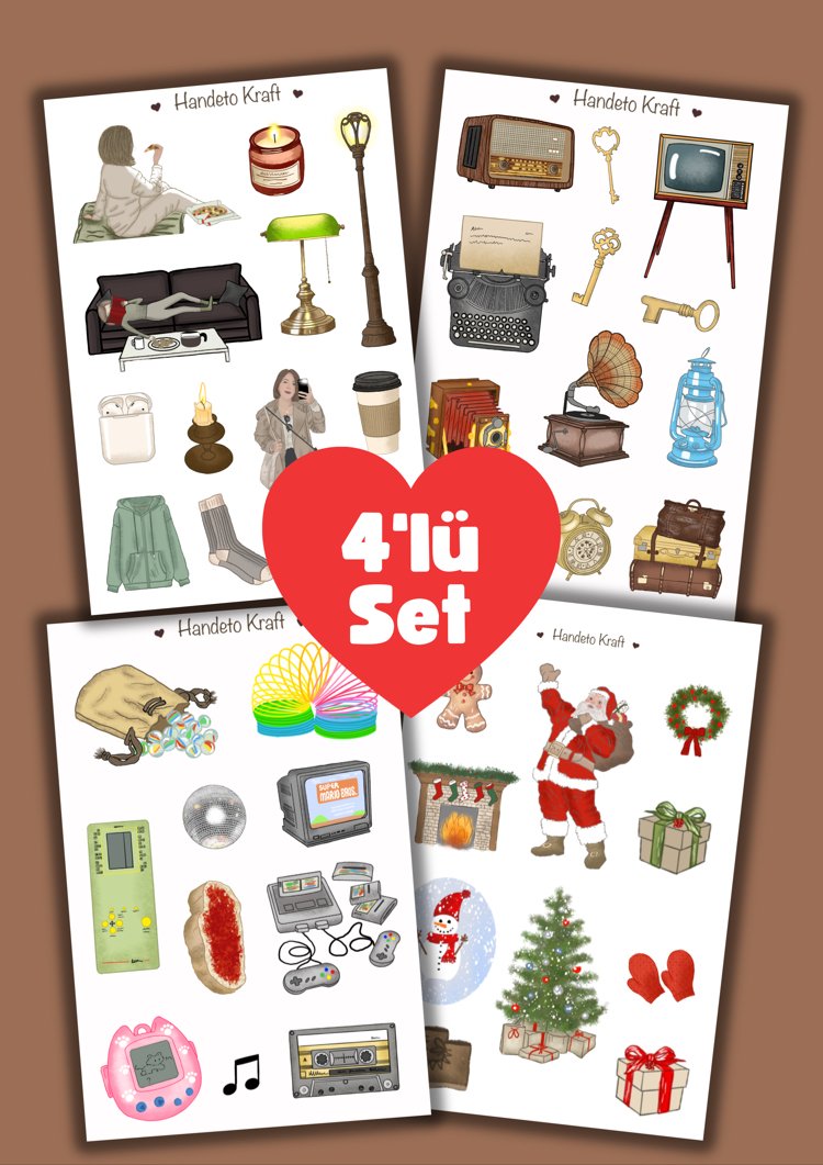 Vintage Çoklu Sticker Seti, 4lü sticker, Noel sticker, 8x12 cm, çıkartma, bujo, etiket